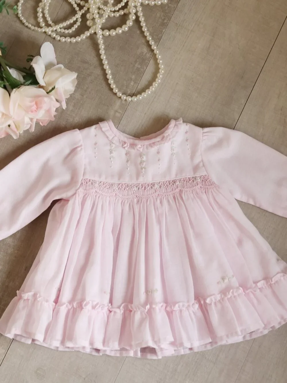 Pink Smocked Heirloom Float Dress Long Sleeve Bullion Rosebud Sarah Louise NB